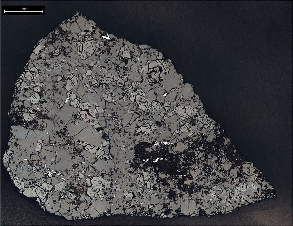 A microscopic cross-section of a rock specimen set against a black background, displaying a heavily fractured, mosaic-like mineral texture in shades of gray and black with a 1-millimeter scale bar in the top-left corner.