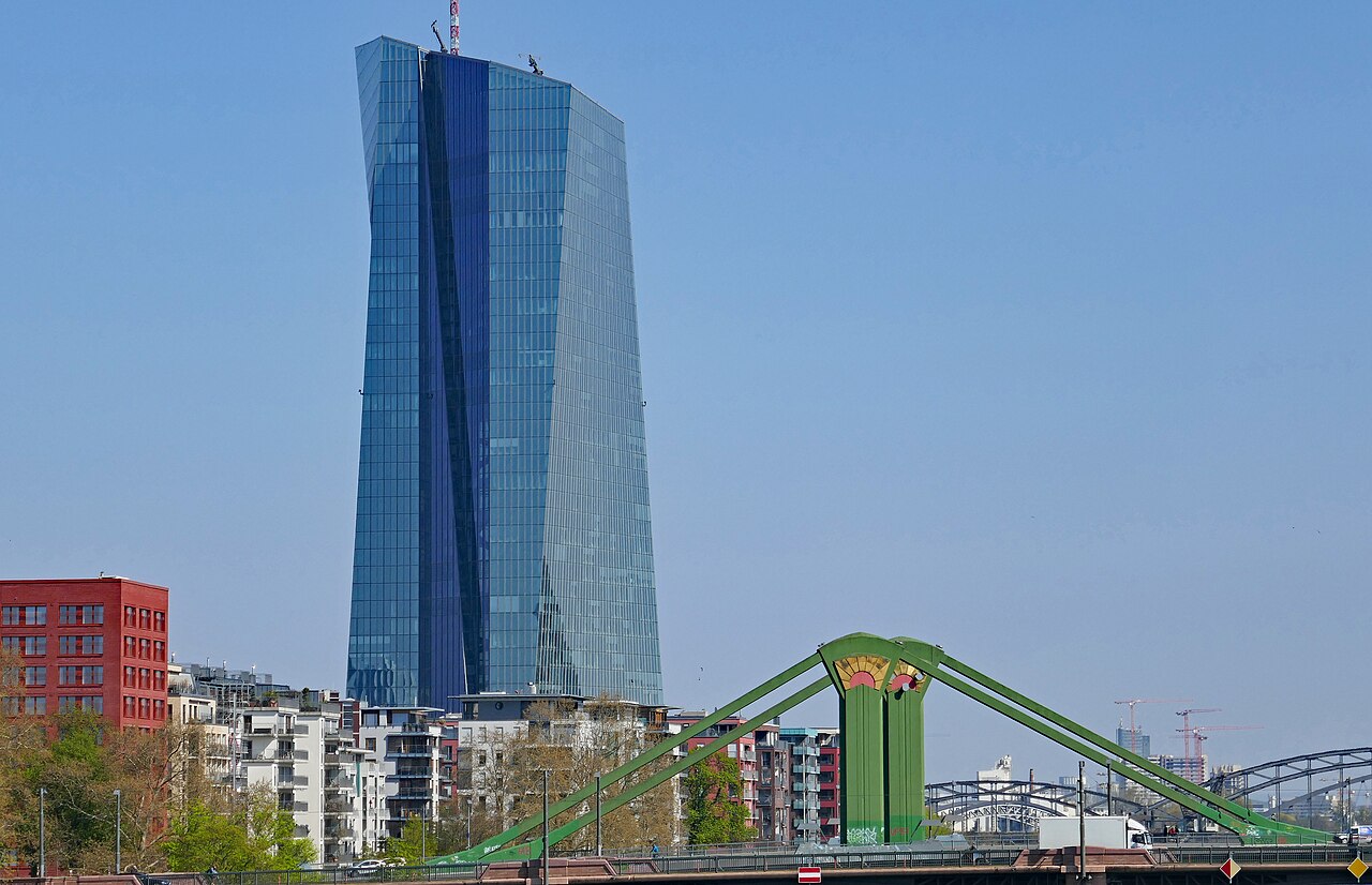 The European Central Bank headquarters and Flößerbrücke in Frankfurt