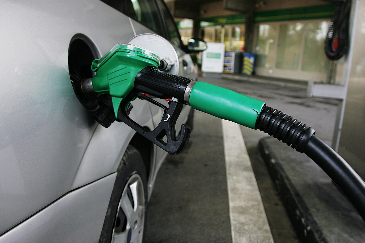 Fuel pumps and nozzles at a petrol station