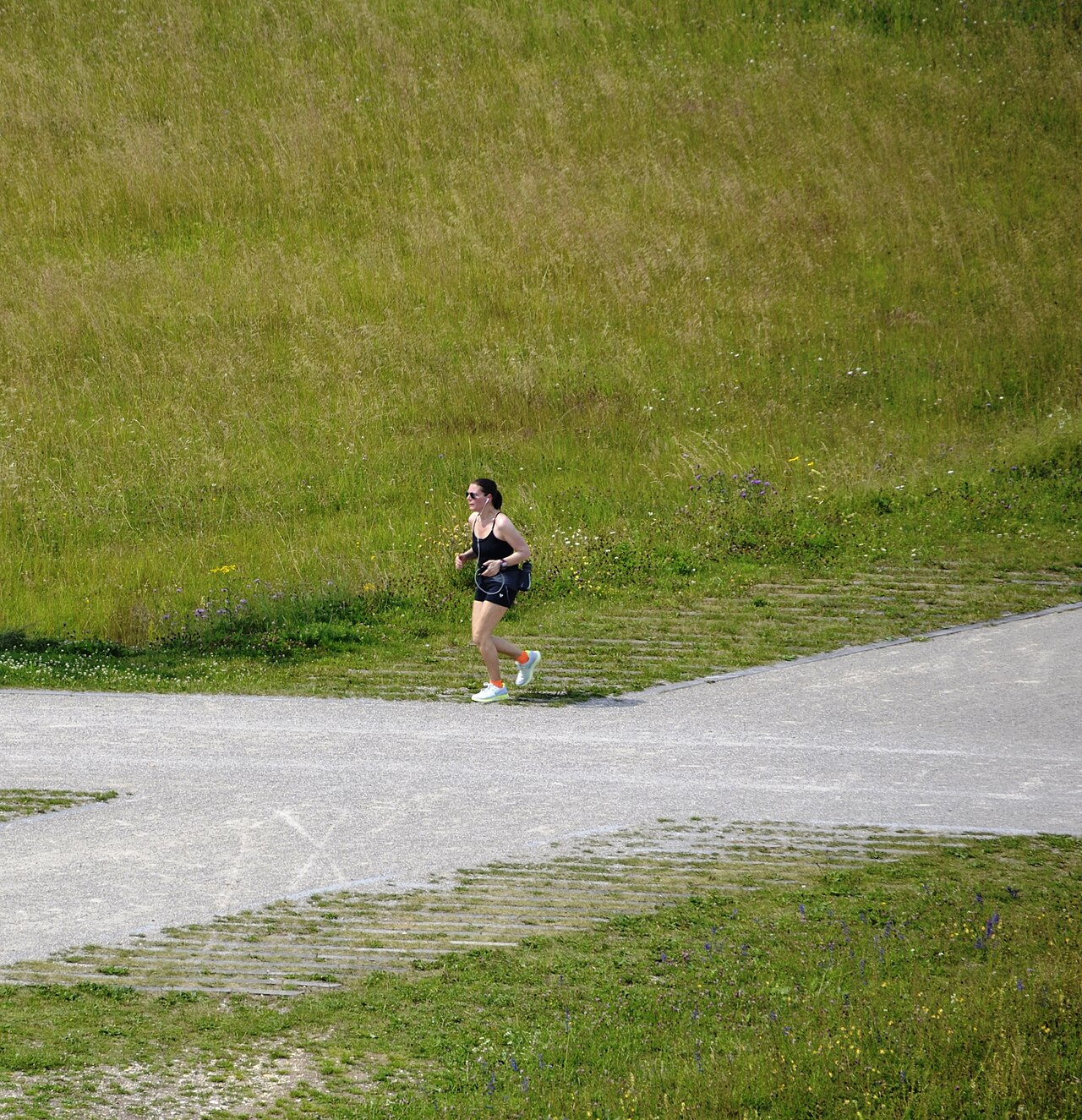 A jogger on a path through Riemer Park in Munich