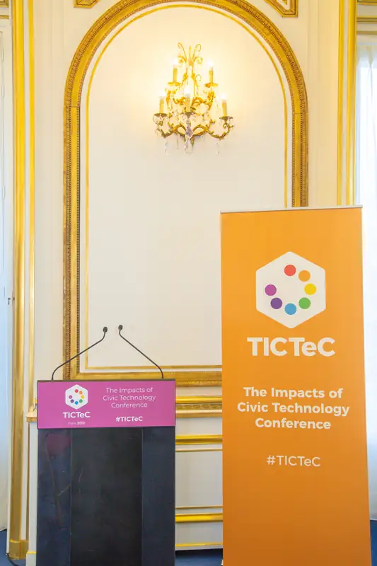 A conference lectern inside the Château de la Muette at the OECD in Paris